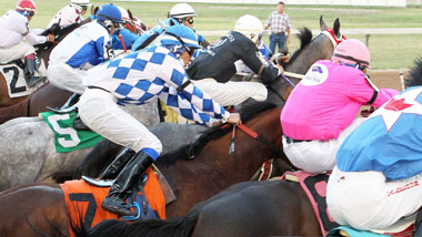 group of horses and jockeys racing on track